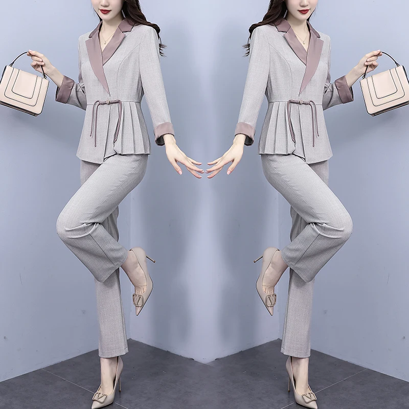 Women Fashion Spring Autumn Pants Sets 2023 New Clothes Elegant Turn Collar Office Lady Female 2 Pieces Outftis High Quality