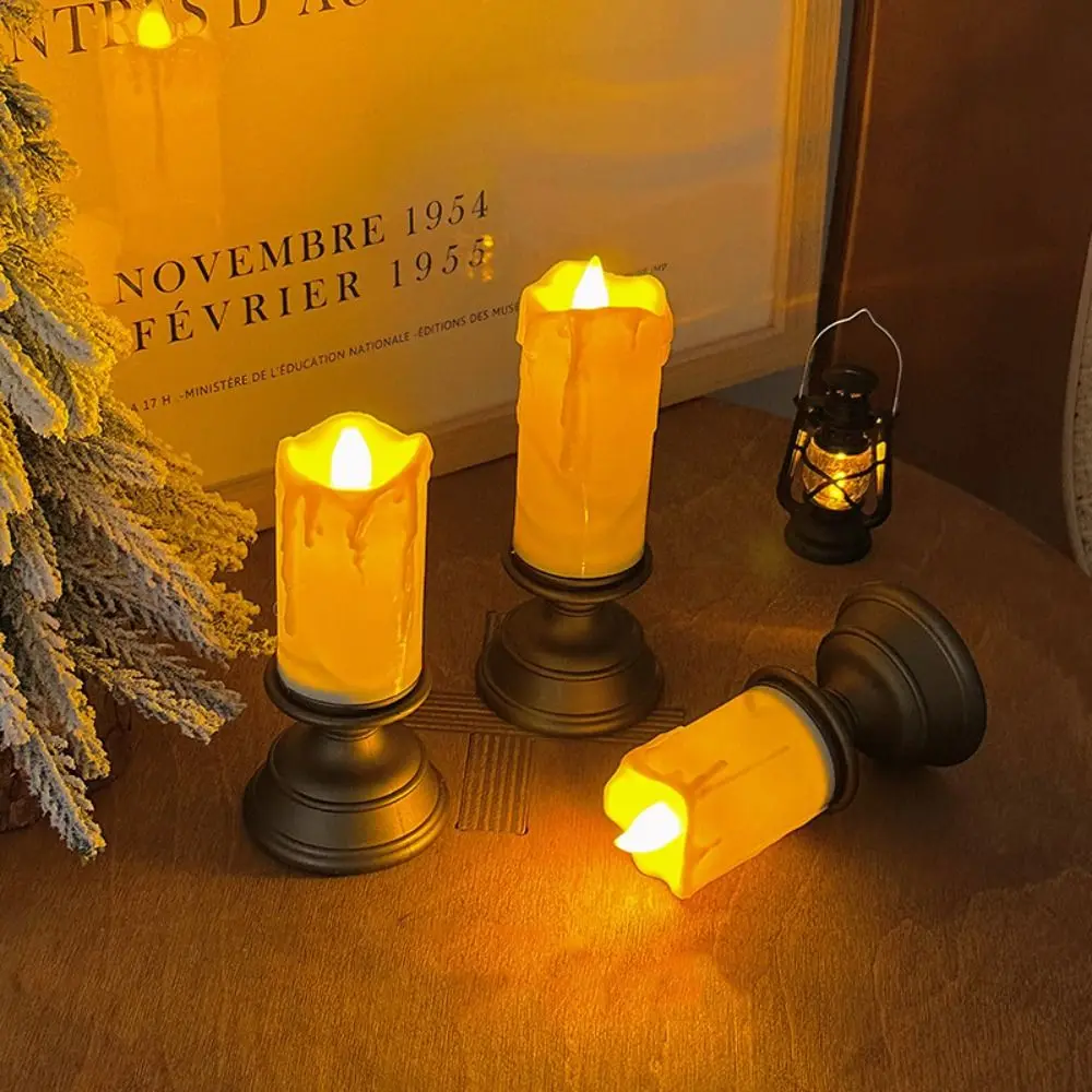 Simulation Electronic Candle with Wax Drip Effect Flameless Decoration Candlestick Night Light Ornaments