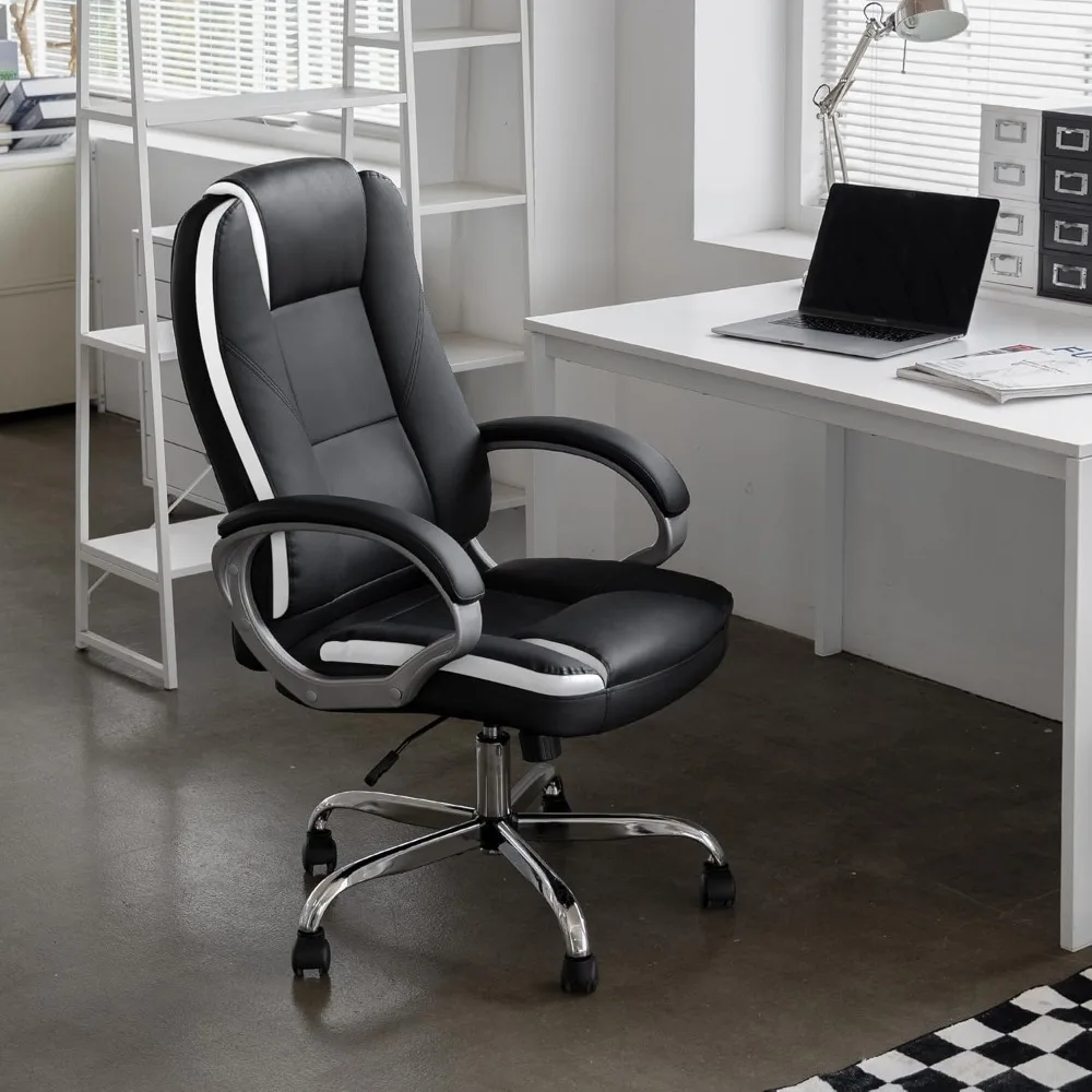 Computer Desk Chair Gaming - Ergonomic High Back Cushion Lumbar Support W Wheels Comfortable Black Leather RacingChair