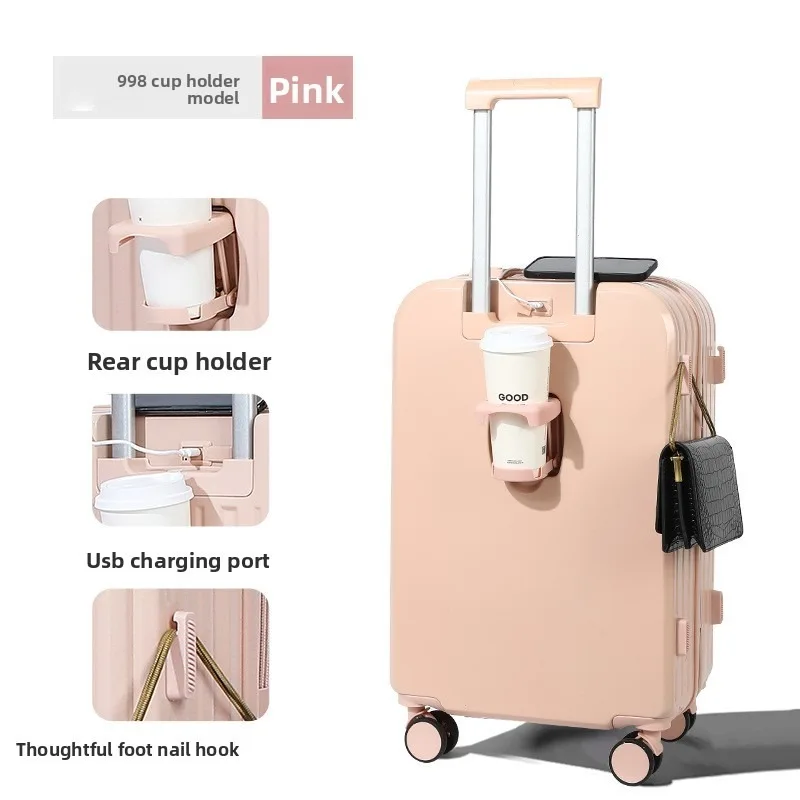 Smart Luggage Suitcase Spinner 24 Inch Cup Holder Durable Rolling Travel Case Hard Shell Lightweight Anti Breakable Easy Tug