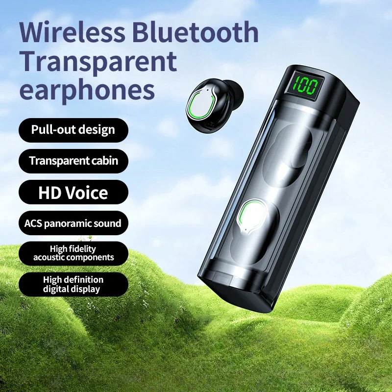 

Bluetooth Earphone Wireless Pull-out Compartment Earbud Transparent Shell Digital Display Gaming Headset in-ear Sports Headphone