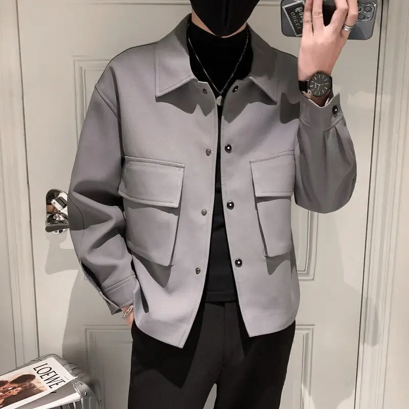 Autumn Winter New Fashion Turn-down Collar Long Sleeve Whisper Solid Jackets Men\'s Clothing Pocket Casual All-match Button Tops