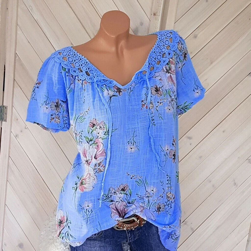 Women Summer Fashion Trendy Short Sleeve Lace Up Floral Print Blouses Tops  T-Shirts Casual Summer Lace Stitching Shirts