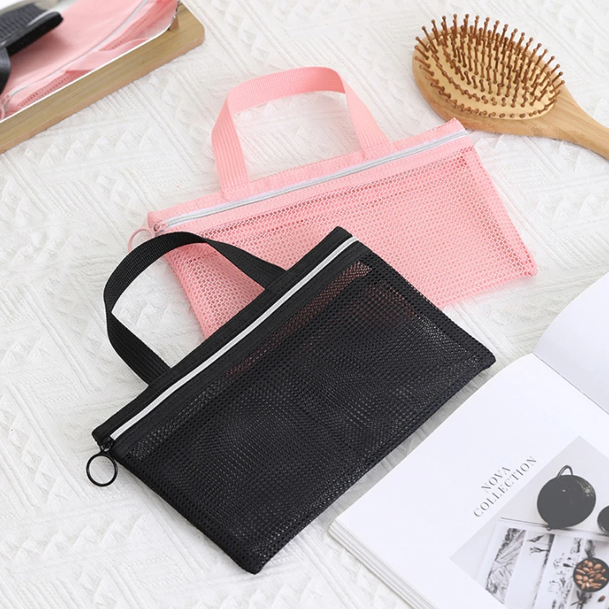 Pink Mesh Multi-Pocket mini Makeup Bag Swimming Bag Portable Travel Storage Bag Portable Bath Bag Beach Bag One Pack