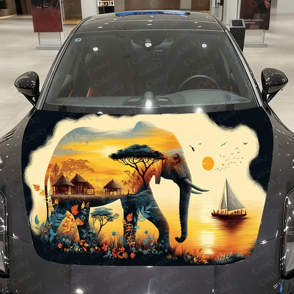 

Sunset Elephant Car Vinyl Wrap, PVC Waterproof Car Hood Sticker, Self-Adhesive Scratch-Resistant Stickers for Engine Cover