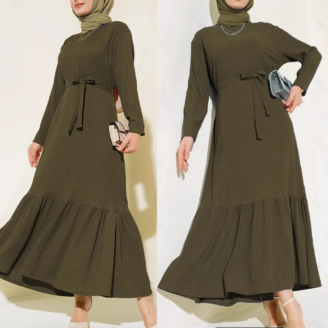

Винтажное скромное платье Абая для мусульманских женщин, однотонное расклешенное длинное платье с поясом, дизайн оливкового цвета, популярная Абая на Ближнем Востоке