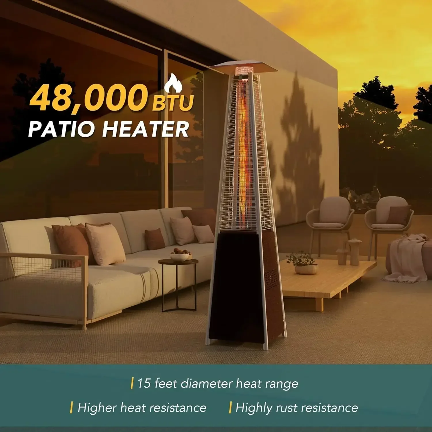 [¡Mejor vendedor, ¡Compre ahora! ]Calentador de patio, calentador exterior de llama piramidal de 48,000 BTU con cubierta, propano de torre de bronce martillado para exteriores H