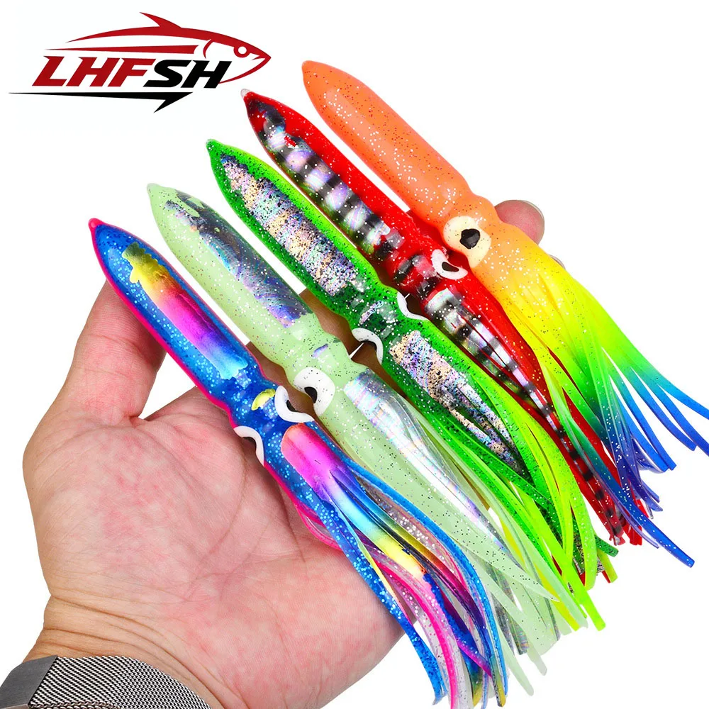 LHFSH Leurre souple artificiel en forme de jupe de calmar lumineuse, appât pour poulpe, pour la pêche au trolling en eau salée, la pêche en haute mer depuis bateau, la pêche au gros thon, matériel de pêche