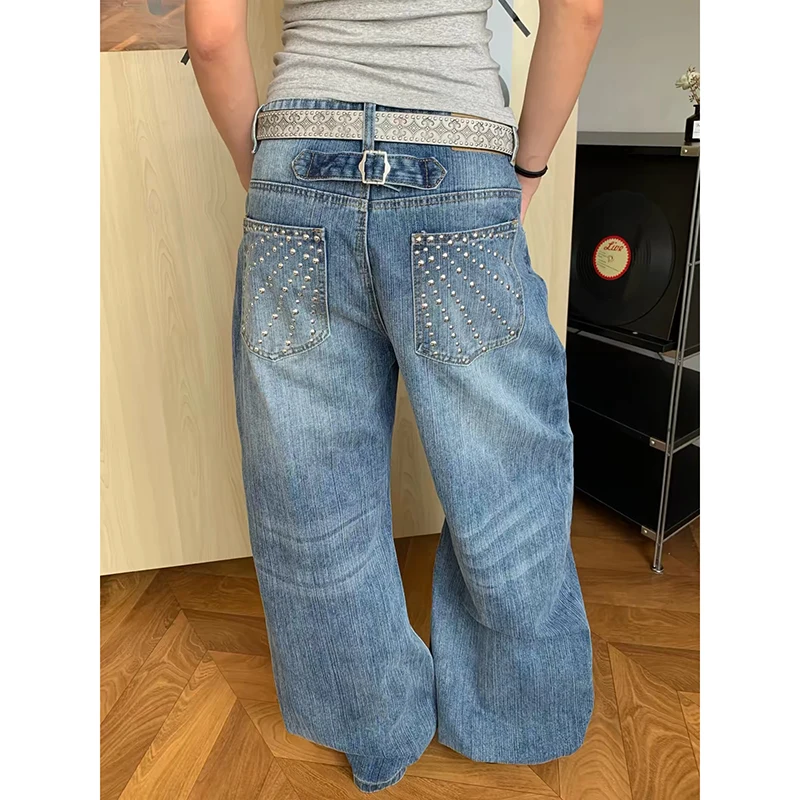 ZHIZOU Women Gothic Blue Wide-Leg Jeans Y2K Harajuku High Street Washed Pants Aesthetics Vintage 2000s Scimitar Denim Clothing