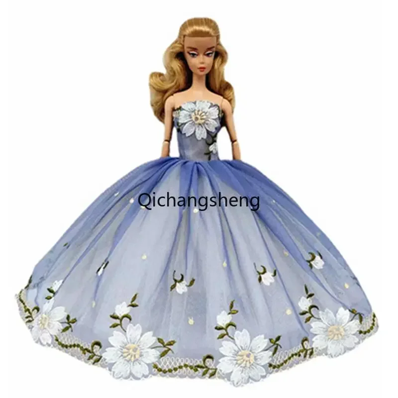 Blue Floral Lace Wedding Dresses for Barbie Doll Clothes 1/6 Dolls Accessories for Barbie Outfit Princess Evening Gown Toy 11.5\