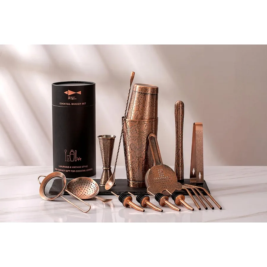 

3D Etched 18Piece Bartender Kit Stainless Steel Boston Cocktail Shaker Set Copper Plated Bartending Tools Suit for Bar Tools Se