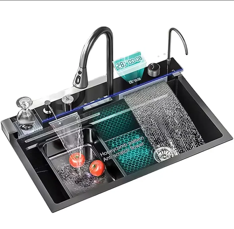

304 SS Multifunction Black Undermount Waterfall Smart Kitchen Sinks Stainless Steel Pull Out Kitchen Sink