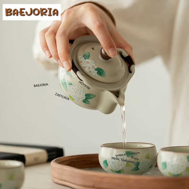 200ml Ru Kiln Overglaze Color Hydrangea Or Hibiscus Hand Grab Teapot Retro Tea Infuser Pot Tea Making Kettle With Filter Craft