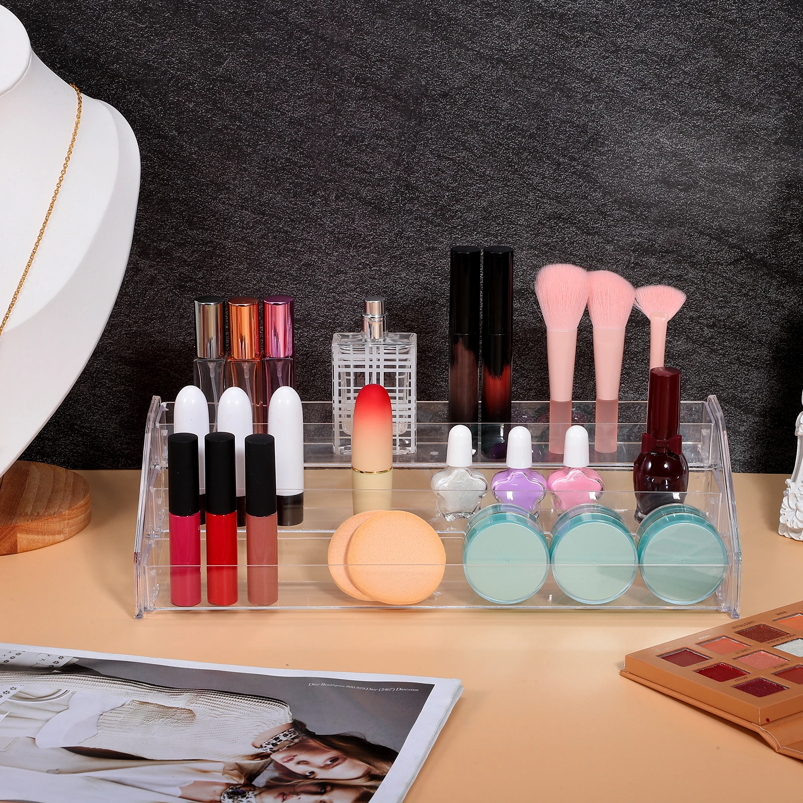 

Clear Acrylic Eyeshadow Palette Organizer Vanity Storage Box for Makeup Lotion Perfume Nail Polish Holder Compact Size