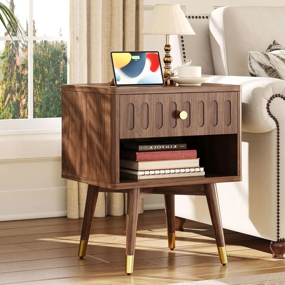 

Nightstand with Charging Station, Fluted Night Stand with Drawer and Open Shelf, Sturdy Metal-Capped Legs Modern End Table, Beds