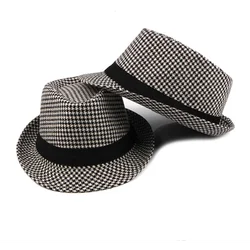 Spring Summer New Vintage Checked Top Hat Men's Middle-aged and Elderly Woolen Gentleman's Hat Jazz Hat