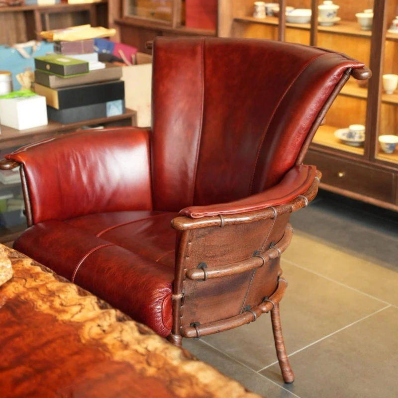 

Palm tea room master chair sofa chair living room light luxury red dining high-end chair handmade leather