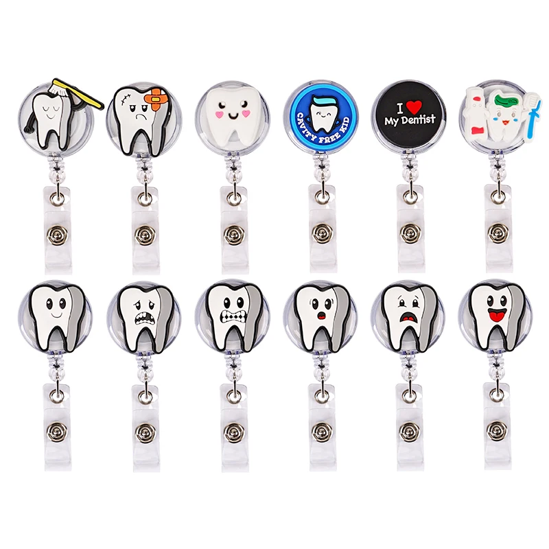 10 Uds. Bonito carrete de insignia de dibujos animados de PVC para dentista, etiqueta de nombre retráctil, tarjetero, llavero, Doctor, enfermera, suministros hospitalarios