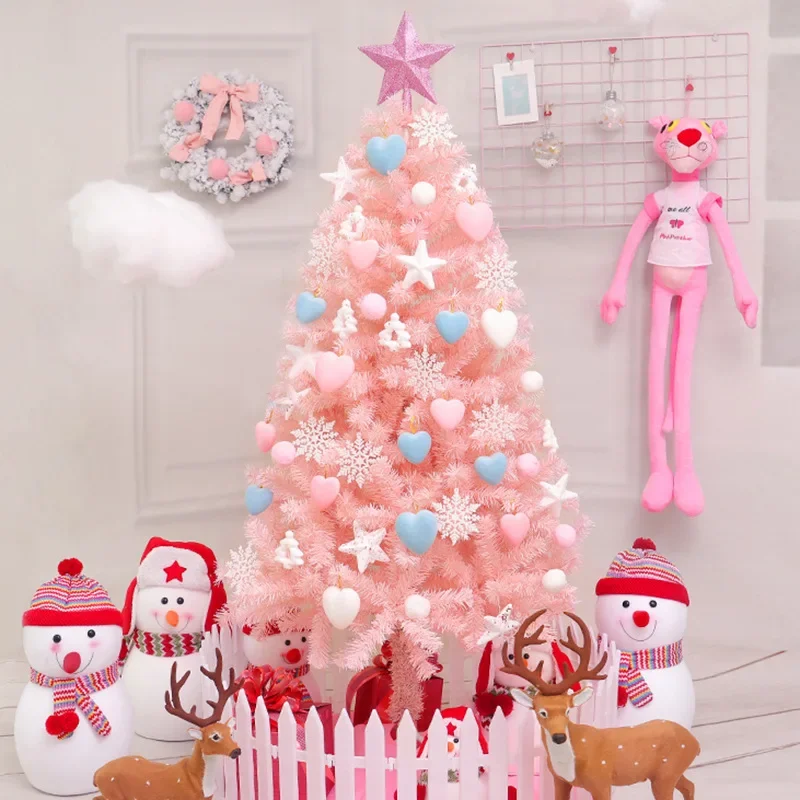 Artificial Pink Christmas Tree with Pine Branches Christmas Tree Set with Lights Metal Tripod Flame Retardant PVC Tree