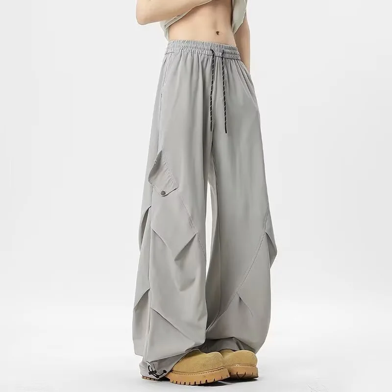 

American Style Pleated Paratrooper Men Summer Thin Quick-Dry Cargo Cool Loose Draped Casual Long Pants