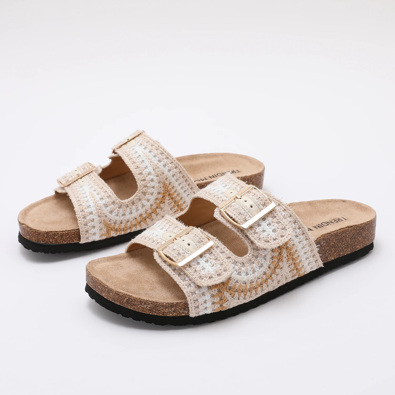 Leather Flat Sandals Cork Midsole Anti-slip Outsole Arch Support Comfortable to Wear Fashionable Woven Upper