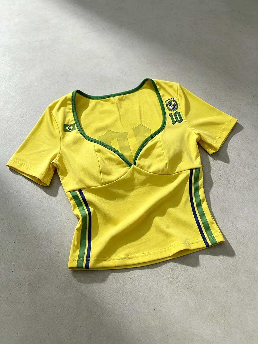 Women Retro Brazil Number 10 Crop Tees 2026 Deep V Neck Green Trim Side Stripe Slim Short Sleeve Y2K Summer Casual Fan T Shirts