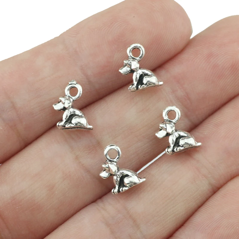 20 Pieces 8mm*10mm Antique Silver Plated Double side 3D Small Cute Dog Charms For Jewelry Making Charm Wholesale