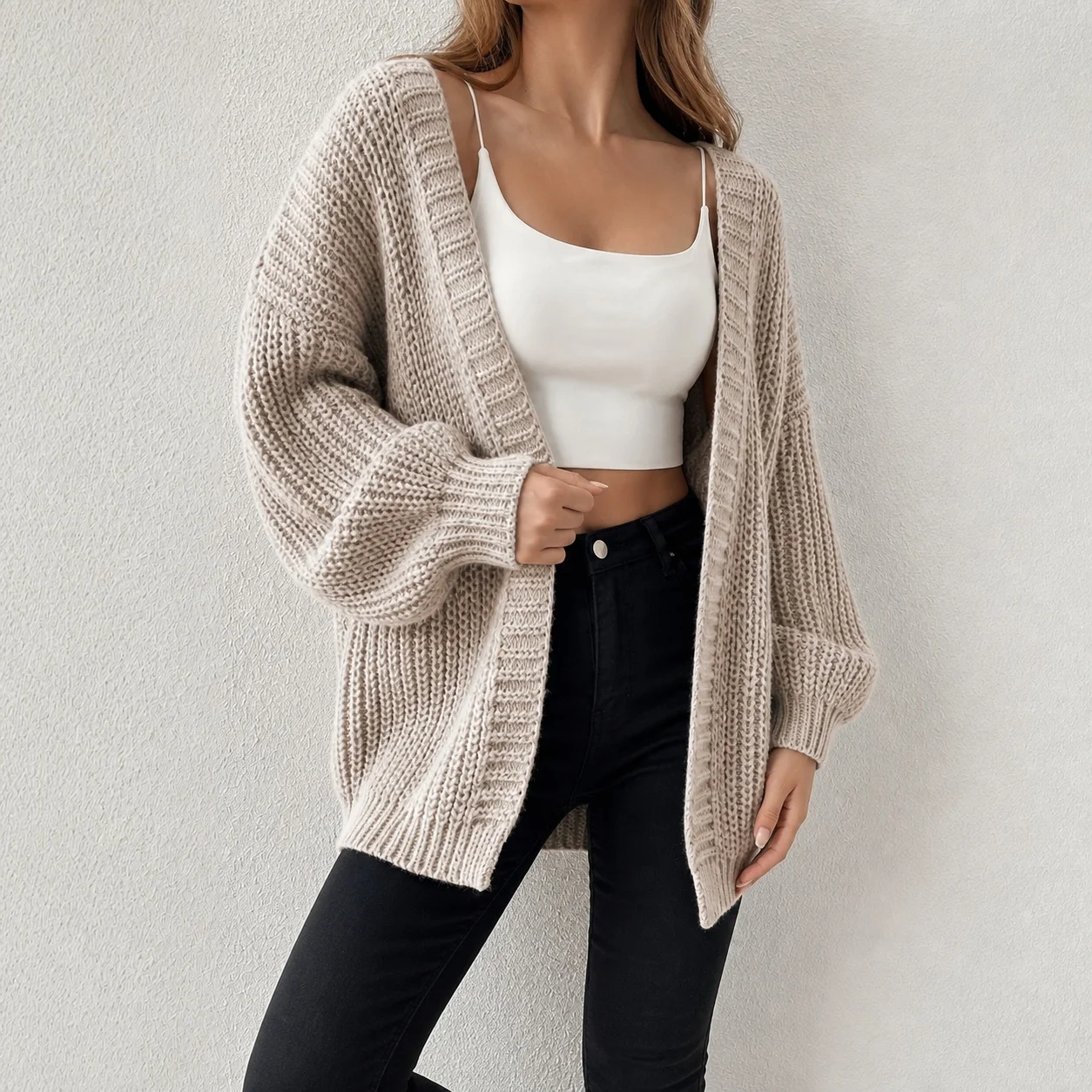 Women's Drop Shoulder Loose Fit Solid Color Round Neck No Button Medium Weight Distressed Simple Cardigan Sweater for Women