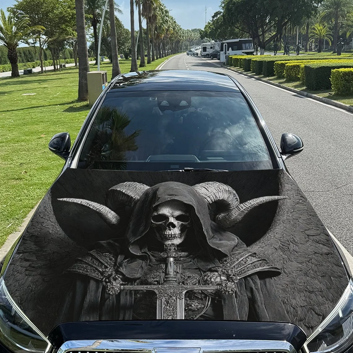 

Horned Skeleton Car Hood Sticker PVC Self Waterproof Stick, Striking Auto Exterior Accessories Decor Protect Gift for Car Lover