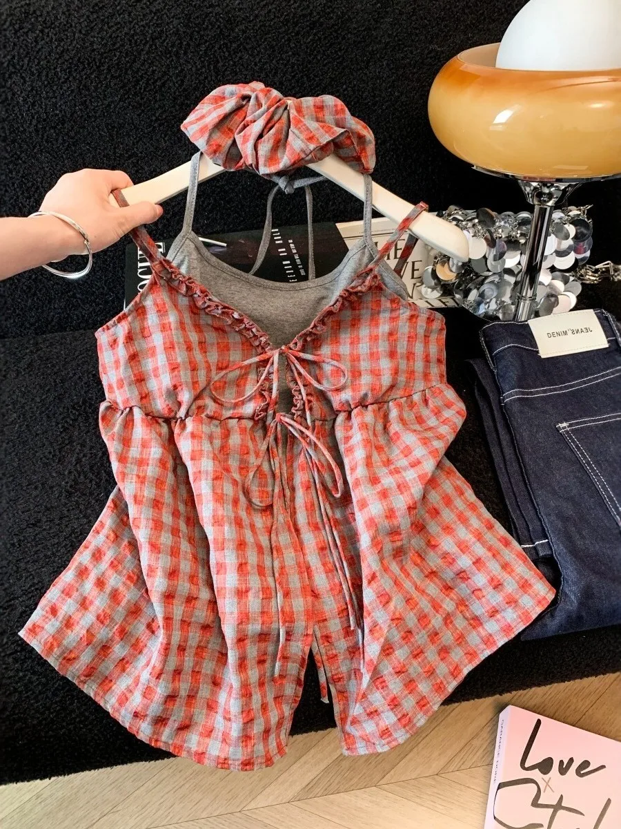 

Korean Style Red Plaid Sash Crop Top Women Summer Beach Vacation Loose Slimming Beautiful Sleeveless Shirt