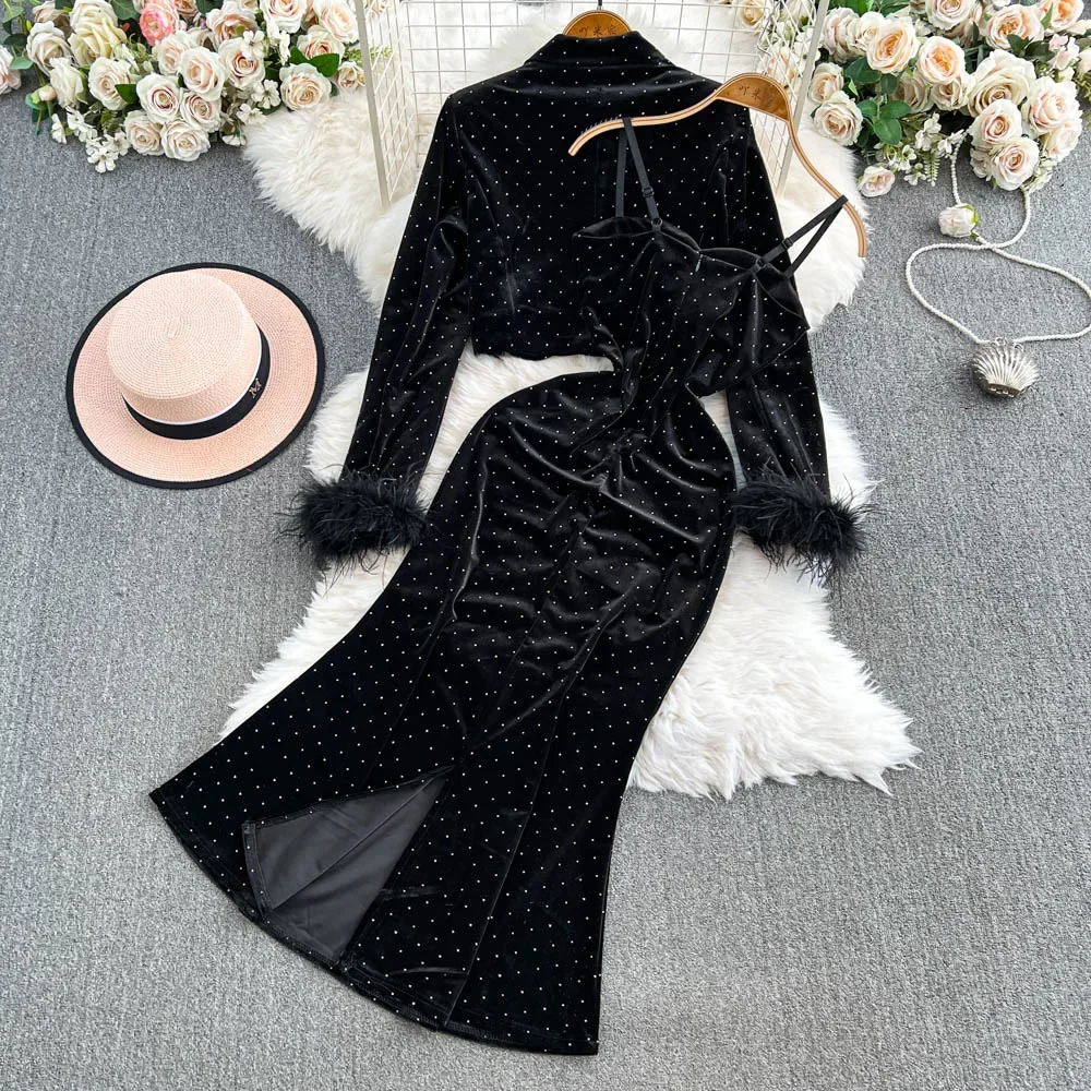 Elegant Dot Velvet Straps Dresses Chic Feather Long Sleeves Rhinestone Short Coat Top French Evening High Street Winter Clothing