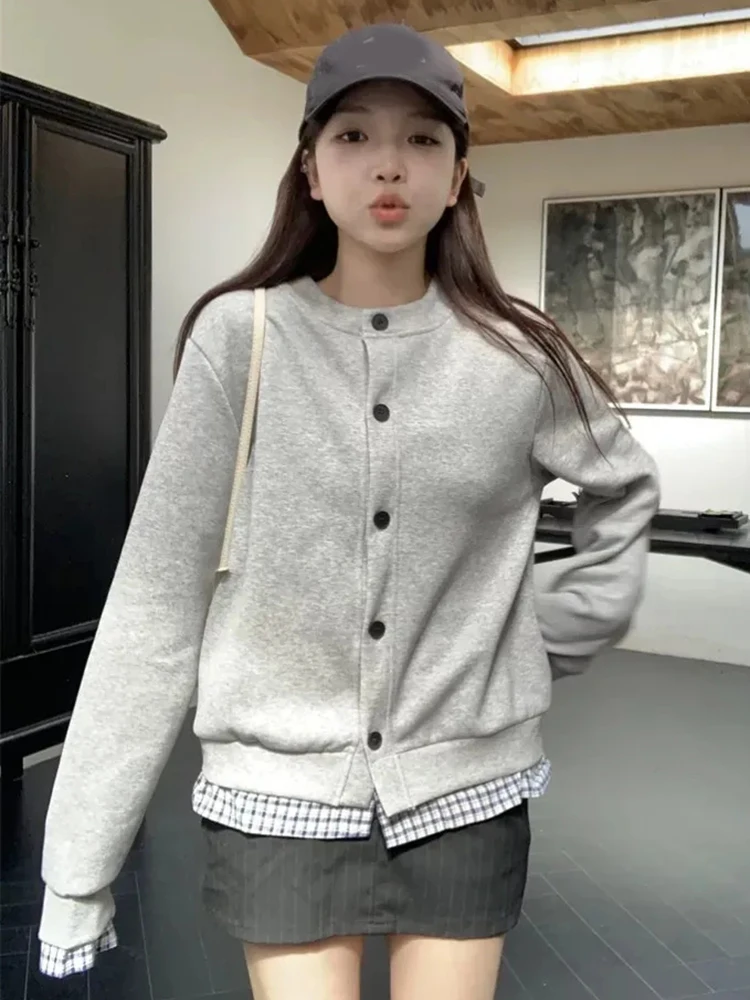 Jmprs Plaid Patchwork Gray Sweatshirts Women Casual Long Sleeve Korean Tops Vintage Loose Design Female Sweet Simple Sweatshirt