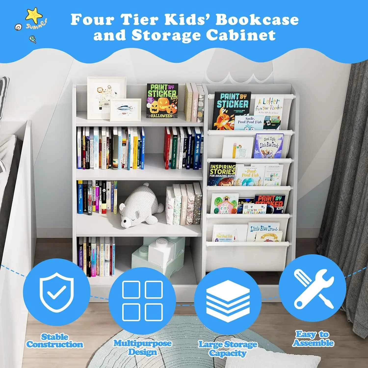 Five Layer Sling Toddler Front Facing Bookcase,Baby Kids Storage Book Rack,Book and Toy Organizer Cabinet,Child Book Display Pla