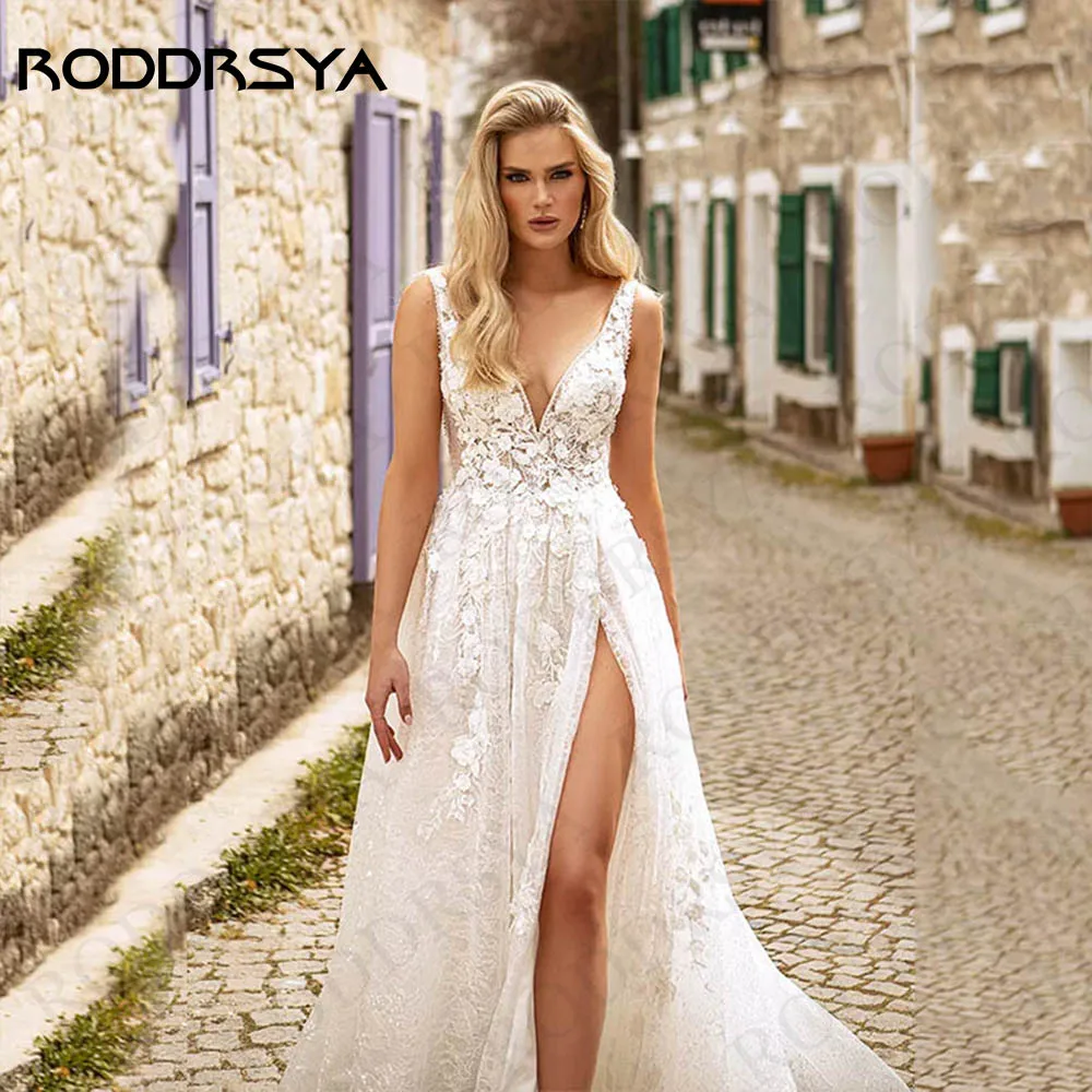 RODDRSYA-Vestidos De Novia bohemios con abertura alta, ropa De playa con cuello en V, tul, elegante, corte en A, Apliques De encaje, sin mangas Boho de alta hendidura vestidos de novia de playa  Cuello En V Tul De Novi