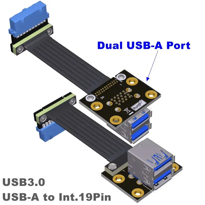 ADT Internal Mainboard 19/20Pin To 2-Ports USB 3.0 Type A Female Flat Ribbon Cable w Screw Hole Dual USB A 90 Degree USB Adapter