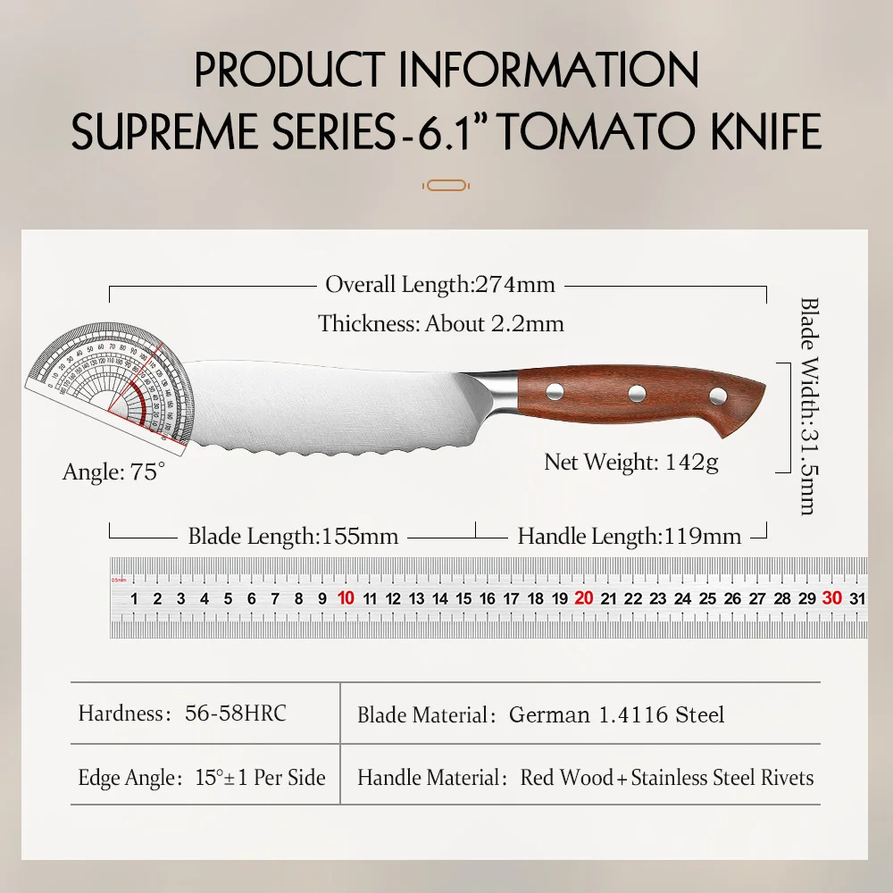 HEZHEN 6 Inch Tomato Knife Original German Din 1.4116 Steel Kitchen Knives Gift Box Cooking Tools Redwood Handle