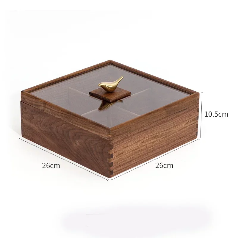 Black Walnut Solid Wood Glass Lid Candy Box Lid Dry Fruit Plate Grid Partition Dust Proof Storage of Organic Matter Desktop