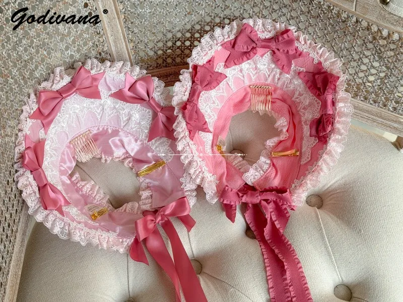 Velvet Cake Lolita handgemaakte roze hoofdband BNT Kc cosplay accessoires hoofddeksels meisje dames schattig kant satijnen strik zwarte haarband