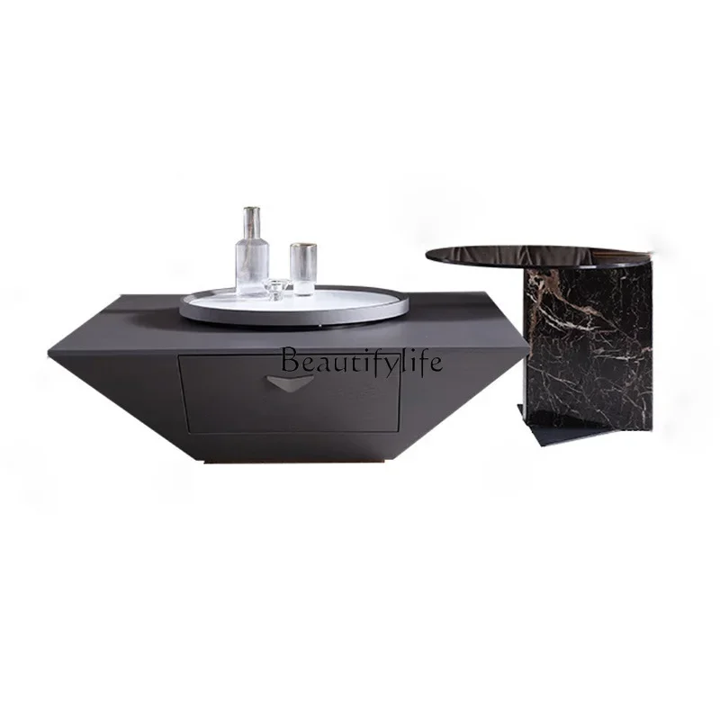 

ls 27Nordic square coffee table with turntable tempered glass edge wabi-sabi wind inverted triangular rock slab art