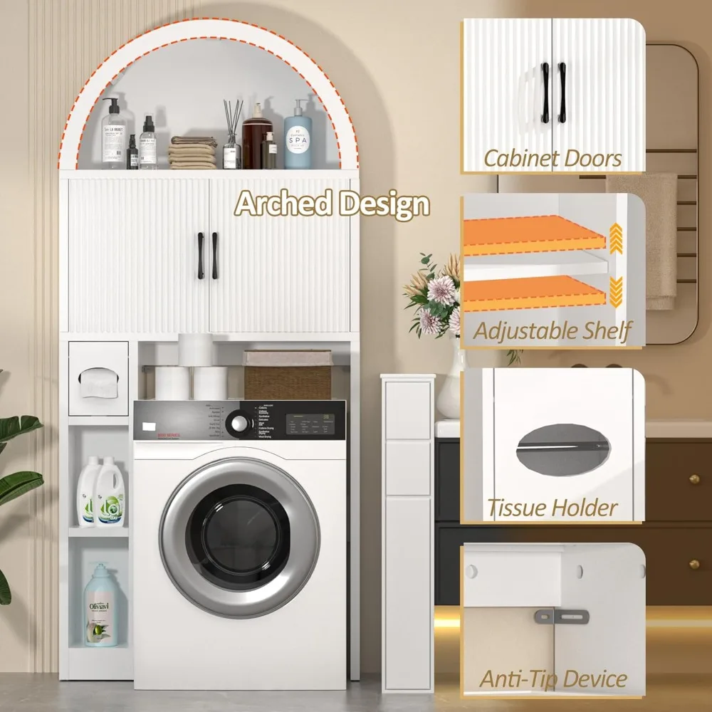 خزانة تخزين الحمام فوق المرحاض، منظم على شكل قوس مع ميزة ثابتة ورفوف قابلة للتعديل