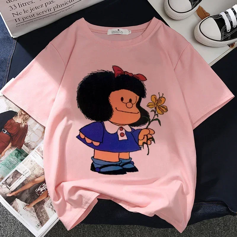 Camiseta con estampado gráfico de Mafalda Kawaii para mujer, Tops rosas de estética Harajuku, camiseta informal Y2k, camiseta para mujer 2021