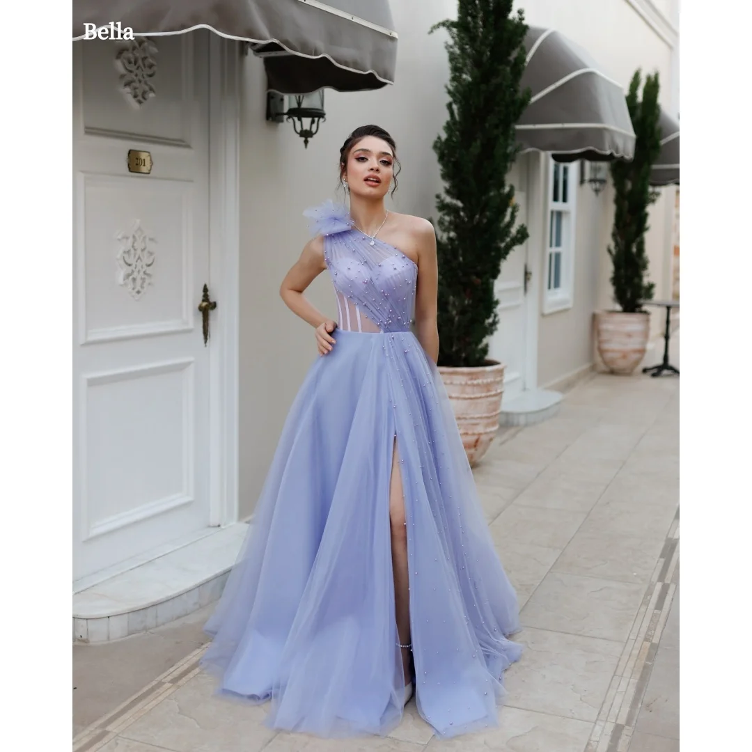 

Bella Customized Lavender One-Shoulder Beaded robes de soirée Tulle Slit Party Dresses Long Flowy Prom Dress Formal Evening Gown