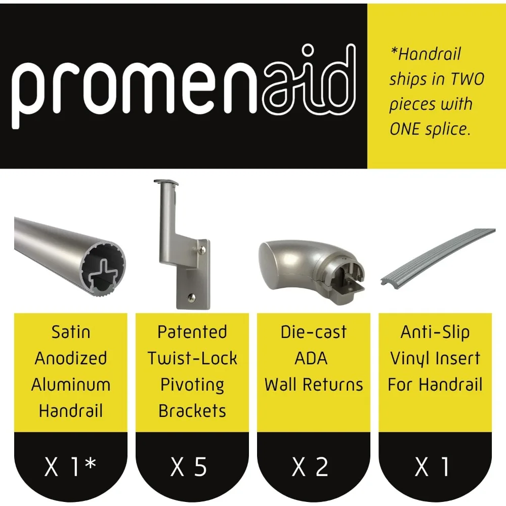 طقم درابزين ADA بطول 9 أقدام من Promenaid - فضي - درابزين داخلي/خارجي كامل للسلالم - درابزين ألومنيوم مستدير بأكسيد 1.6 بوصة