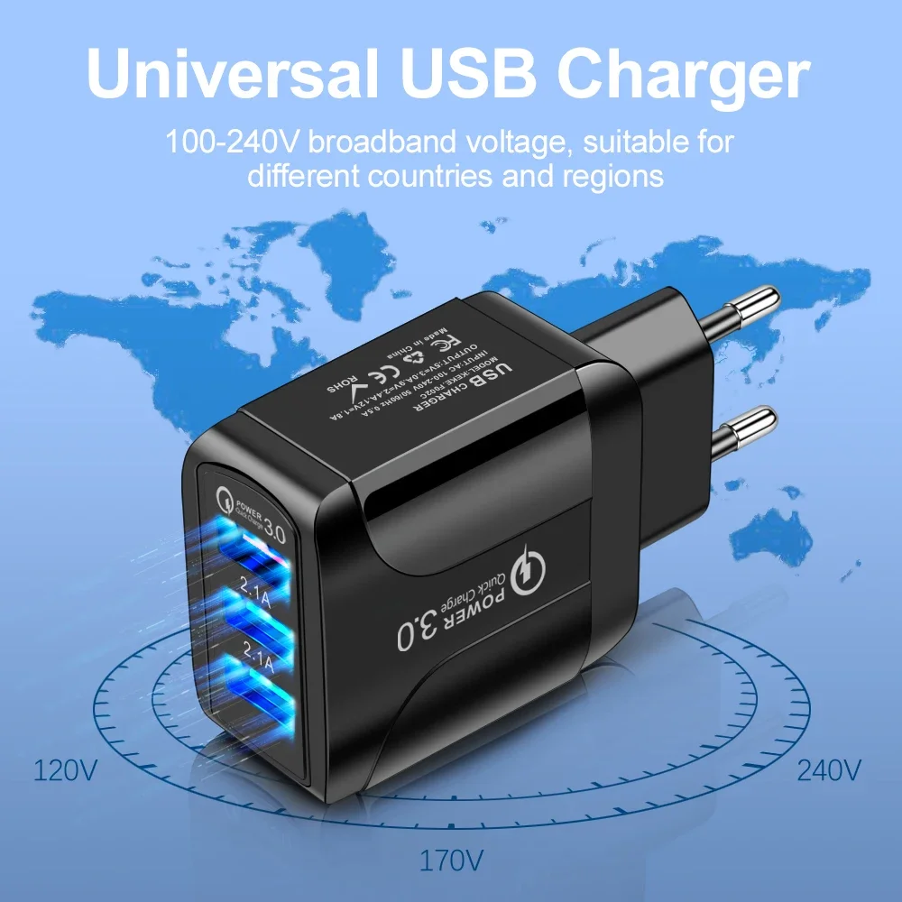 2.4A 3Ports USB Charger QC 3.0 Fast Charger Adapter Mobile Phone Chargers for IPhone 14 13 Samsung Xiaomi Redmi Charge Universal