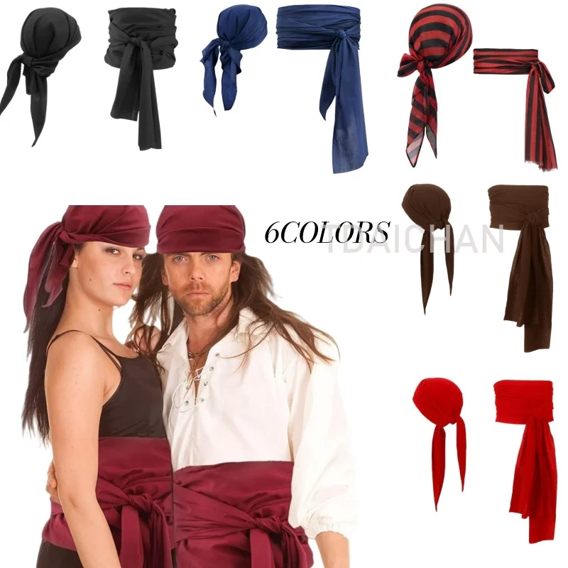 Pirate Cospaly Headscarf & Belt Set – 6 Colors Medieval Renaissance Cosplay Accessory for Halloween  Unisex Costume Prop instock
