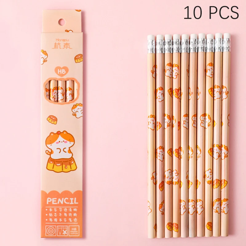 10PCS Graphite Pencil Korean Style Kawaii Pencil With Eraser Student Stationery For Children School Writing Drawing Art Supplies