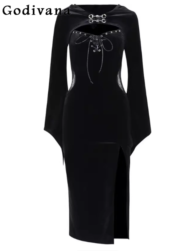 

Halloween Temperament Hooded Long Flare Sleeve Fashion Blouse Autumn Winter High Waist Lace Witch Suspender Dress Two-piece Set