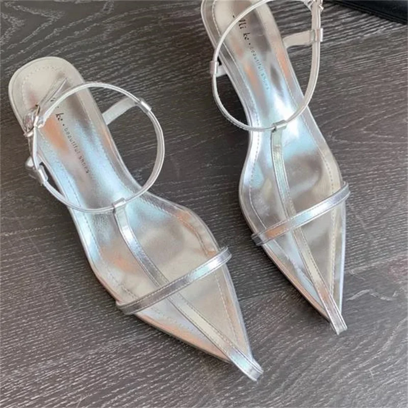 Crossover Strap Shoes for Lady Pointed Toes Women Mid Heels Sewing Lines Female Sandals PU Leather Tacones Buckle Chassure Femme