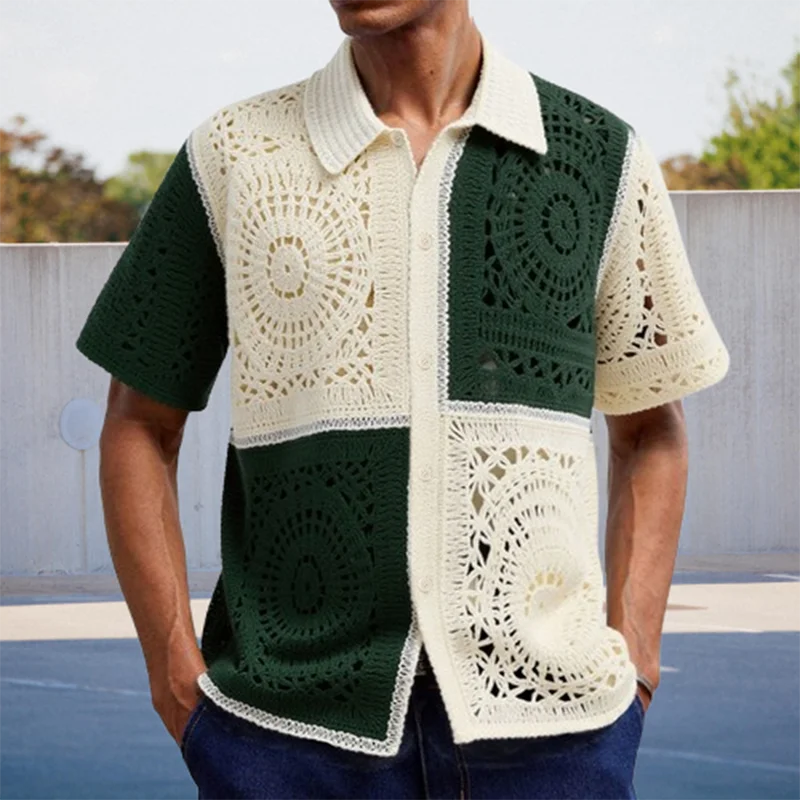 2025 Summer Outdoor Casual Shirts Men's Knitting Short Sleeve Lapel Buttoned Cardigan Tops Men Vintage Contrast Color Knit Shirt
