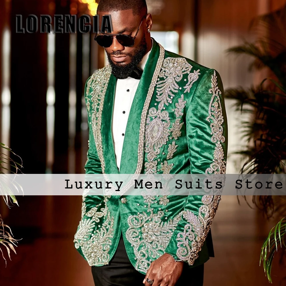 

Sparkly Crystal Male Suits 2 Pieces Single Breasted Men Clothing Tuxedos Wedding Outfits Customized Jacket Pants zomerset heren